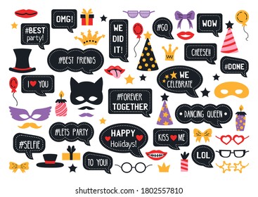 Party photo booth props. New year eve party. Photobooth vector set for masquerade. Black and gold mask, mustache, hat, glasses, bow tie, kiss, beard.