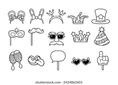 Party photo booth props outline sketch vector illustration set