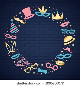 Party, photobooth, carnival or birthday - concept of background with funny costumes and copuyspace. Vector.	
