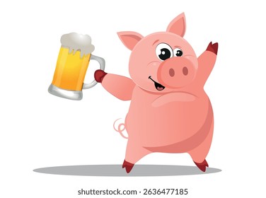 party pig holding a mug of beer, vector illustration.