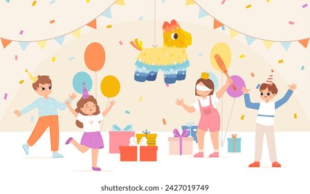 Fiesta de piñata para la celebración de cumpleaños de los niños. Niño golpeando la piñata con confeti, divertido entretenimiento festivo. Niños de dibujos animados que se divierten, escena vectorial ceñida