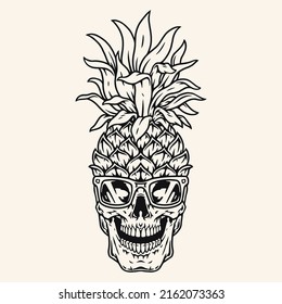 Party pineapple vintage sketch monochrome fruit with skull face in beach glasses is symbol hangout and nightclub lovers vector illustration