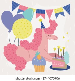 Party pink horse character hand drawn vector greeting card template with balloons and cake. 