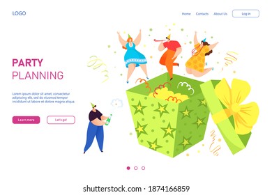 Party planning with cartoon tiny people landing vector illustration. Happy celebration organization concept, decoration modern creative gift. Perfect entertainment for small abstract character.