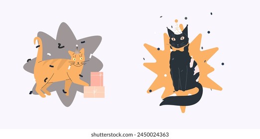 Party playful cat vector illustration. Adorable pets with bows, presents and confetti on abstract form. Cute card, postcard, poster or sticker. 