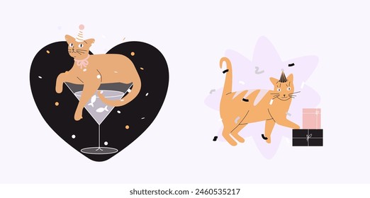 Party playful cat vector illustration. Adorable pets with presents, martini glass, bows and confetti on abstract form. Cute card, postcard, poster or sticker. 