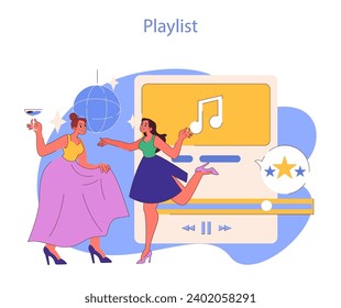 Party Playlist concept. Friends dancing to a curated selection, an evening of music and joy. Personalized soundtrack for memorable nights. Flat vector illustration