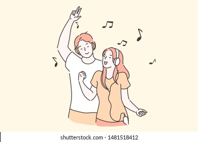 Fiesta, placer, concepto de baile. Joven niño y joven, los estudiantes bailan relajadamente escuchar su lista de juegos con los mejores temas. Muchacho y muchacha alegre con auriculares. Simple vector plano.