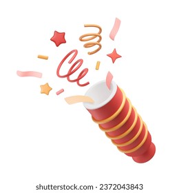 Party popper 3D render. Confetti with plastic stars, squiggles, ribbon splash. Birthday, new year greeting, congrats event element. Streamer explosion. Vector illustration