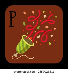 party popper as alphabet letter p