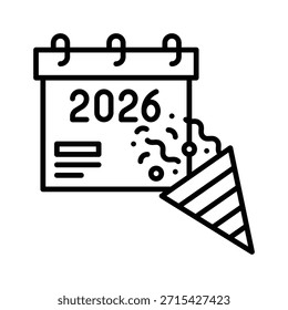 Party Popper Calendar 2026 Vector Illustration Line Style Icon