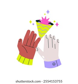 Party Popper Celebration With Diverse Hands In Flat Vector Illustration Symbolizing Festivity, Togetherness, And Joy, Isolated On White Background.