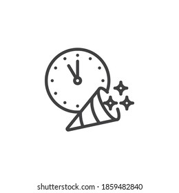 Party popper and clock line icon. linear style sign for mobile concept and web design. New Year party outline vector icon. Symbol, logo illustration. Vector graphics