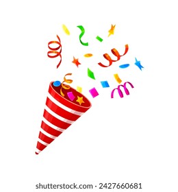 Party popper cone or birthday pop cracker and holiday firecracker with confetti explosion, cartoon vector. Carnival or festival celebration red striped popper cone with ribbons and stars confetti