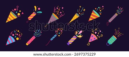 Party popper. Cone cracker. New Year firecracker. Cartoon fireworks. Cute confetti. Hand-drawn celebration. Birthday explosion. Vector festive tidy decoration cartoon flat isolated illustration set