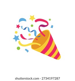 Party popper cone exploding with colorful confetti and streamers for birthday celebration and festive event decoration vector illustration.