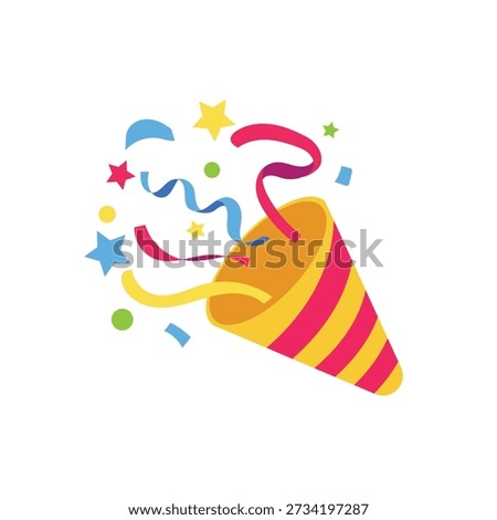 Party popper cone exploding with colorful confetti and streamers for birthday celebration and festive event decoration vector illustration.