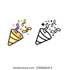 Party popper with confetti, cartoon emoji and black and white icon. Isolated vector illustration of birthday cracker symbol.