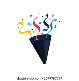 Party popper with confetti and paper streamers. Celebration, birthday cracker