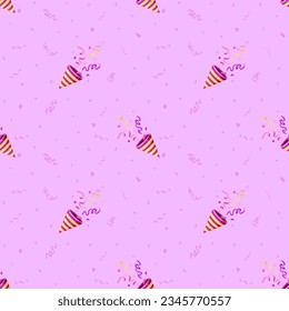 Party popper confetti seamless pattern pink flat. Cartoon cover wrapping paper pattern fabric wallpaper texture birthday party celebrate fireworker tools firecracker ribbon colorful white background