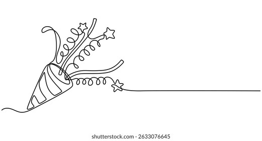 Party popper in continuous line drawing. Celebration-themed illustration on a white background, Party popper one line with ribbon and confetti.Congratulate and celebrate elements.Confetti logo.