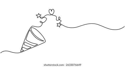 Party popper in continuous line drawing. Celebration-themed illustration on a white background, Party popper one line with ribbon and confetti.Congratulate and celebrate elements.Confetti logo.