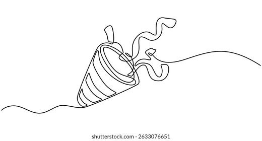 Party popper in continuous line drawing. Celebration-themed illustration on a white background, Party popper one line with ribbon and confetti.Congratulate and celebrate elements.Confetti logo.