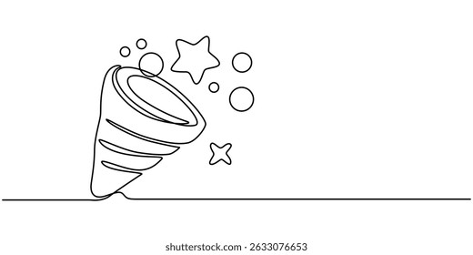 Party popper in continuous line drawing. Celebration-themed illustration on a white background, Party popper one line with ribbon and confetti.Congratulate and celebrate elements.Confetti logo.