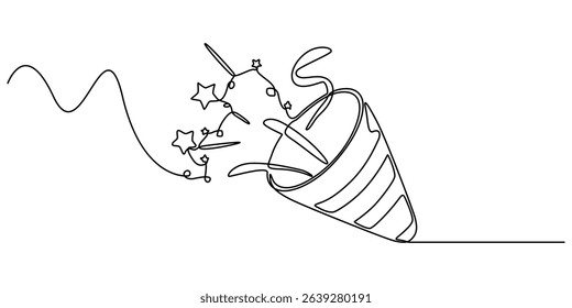 Party popper in continuous line drawing. Celebration-themed illustration on a white background, party popper continuous one line drawing, confetti party popper icon, fireworks logo, flat design. pro.