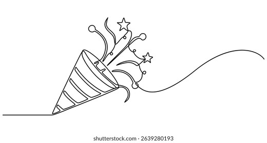 Party popper in continuous line drawing. Celebration-themed illustration on a white background, party popper continuous one line drawing, confetti party popper icon, fireworks logo, flat design. pro.