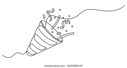 Party popper in continuous line drawing. Celebration-themed illustration on a white background, party popper continuous one line drawing, confetti party popper icon, fireworks logo, flat design. pro.