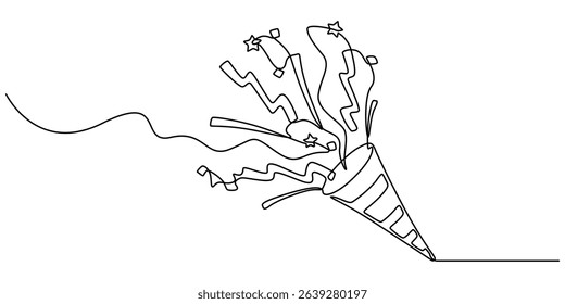 Party popper in continuous line drawing. Celebration-themed illustration on a white background, party popper continuous one line drawing, confetti party popper icon, fireworks logo, flat design. pro.