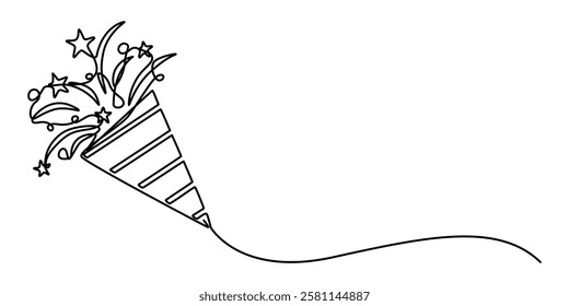 party popper continuous one line drawing, confetti party popper icon, fireworks logo, flat design. Firecracker for the holiday, Confetti Popper line icon, Party Popper Icon Editable Stroke, champane. 