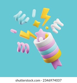 Party popper or cracker with colorful confetti salute, 3D realistic render vector illustration isolated on background. Birthday and New Year congratulations surprise.
