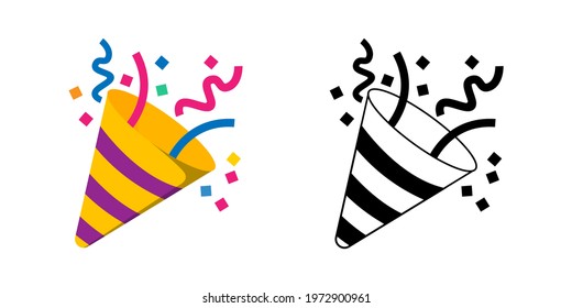  Party popper emoji.Set of Party Poppers with confetti for celebrate.Colorful vector icon and black line icon isolated on white background.