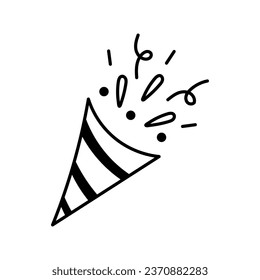 Party popper exploding confetti doodle. Birthday, celebration symbol. Black line art. Vector illustration.