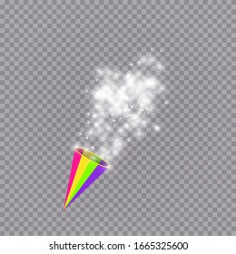  party popper with exploding confetti particles isolated on transparent background. paper cone with sparkling stars. Festive or magic decoration. Vector holiday illustration.