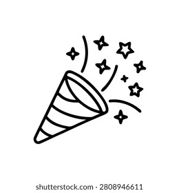 Party popper exploding with confetti and stars celebration event.