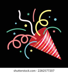 Party Popper. Exploding festive Popper with confetti. The element of celebrating a new year, birthday and any holiday. Flapper for celebration decoration design emoji. Flat icon. Party confetti