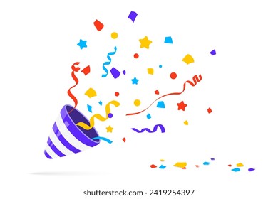 Partido Popper. Explosión de Popper festivo con confetti. El elemento de celebrar un año nuevo, cumpleaños y cualquier feriado. Flapper para la decoración de celebraciones diseño emoji. Pistola de Confetti