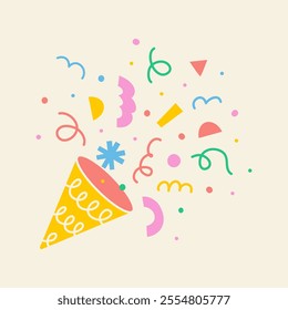 Party popper with explosion confetti made of colorful geometric shapes, lines on light background, cute hand drawn illustration, flat style, drawing