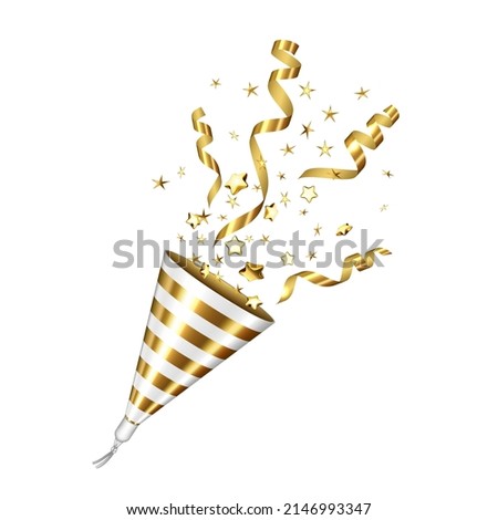 Party Popper Explosion With Foil Ribbon Vector. Exploding Party Popper Accessory For Celebrating Christmas Holiday Event And Congratulation. Festive Tool Template Realistic 3d Illustration