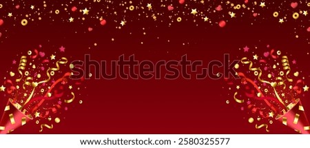 Party popper explosion with red and golden confetti on scarlet background. Festive streamers, stars, hearts, circles burst from corner crackers. Celebration decoration frame for invitation design.