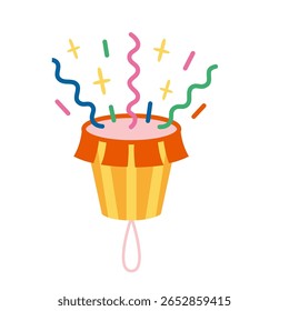Party popper, festive drum with confetti and streamers bursting out. Trendy modern vector illustration isolated on white background, hand drawn, flat design