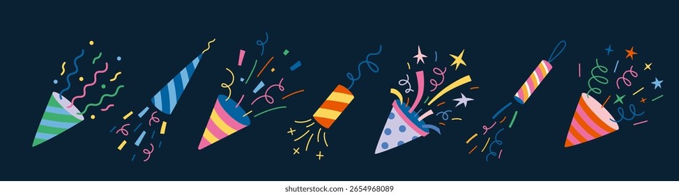 Party-Popper und Festlicher Feuerwerkskörper-Set. Explodierende Konfetti, Streamer, Funken und bunte Elemente der Feier. Trendige moderne Vektorgrafik einzeln auf dunklem Hintergrund, handgezeichnet, flach