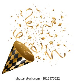 Party popper with gold confetti and serpantine salute isolated on white. Vector illustration. Golden cracker for celebration event design. Birthday and New Year congratulations surprise.