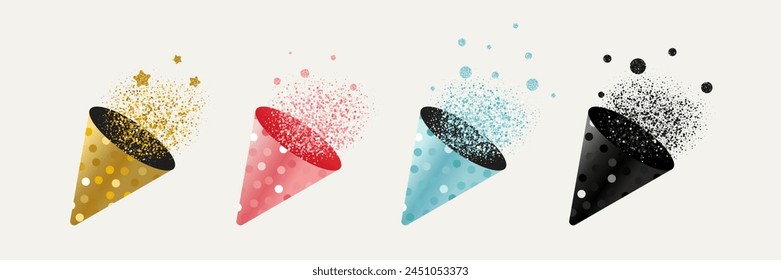 Party Popper Hat, Happy Birthday Cracker, Birthday cap with Glitter Confetti. Realictic Vector illustration