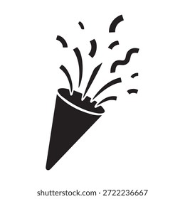 Party popper icon with confetti explosion, black and white vector illustration.