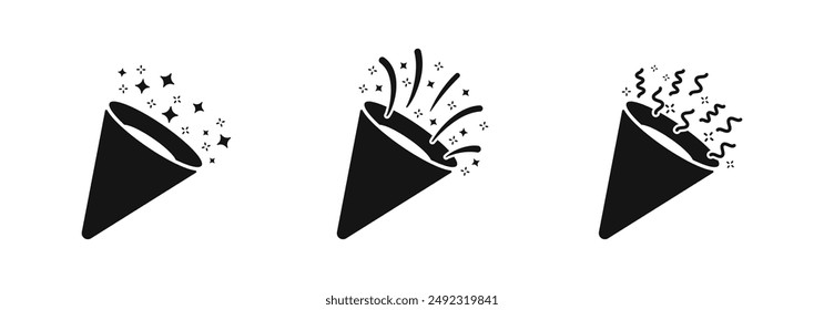 Party popper icons. Party popper with confetti. Confetti popper illustration.