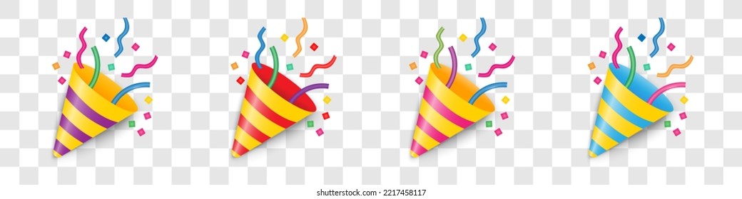 Party popper icons in different colors.Confetti logo,congratulate and celebrate elements.Vector party poppers 3D set.Exploding cracker icon.